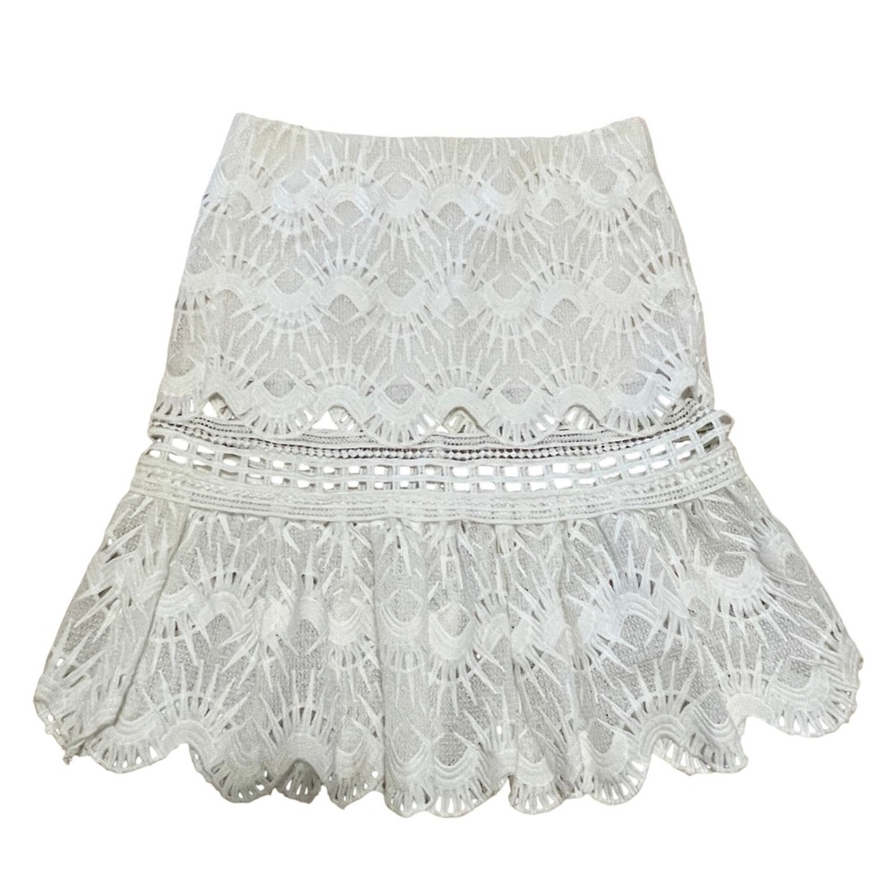 Jonathan Simkhai White Guipure Lace Ruffle Hem Mini Skirt Scalloped High‎ Waist
